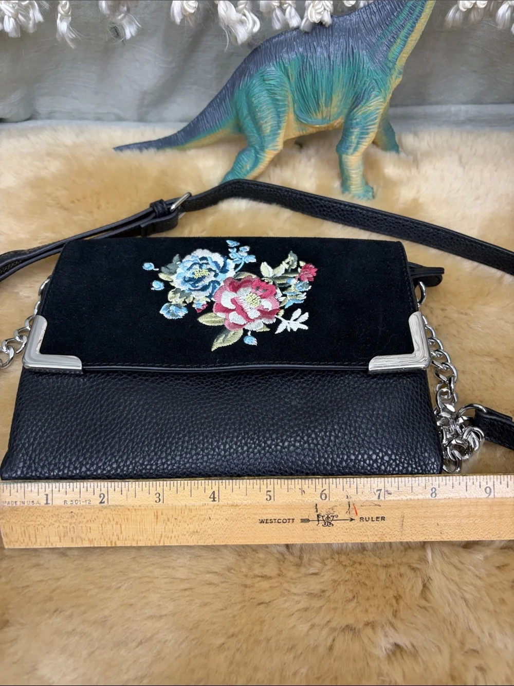 White House Black Market Black Crossbody Bag with Black Suede, Floral Embroidery